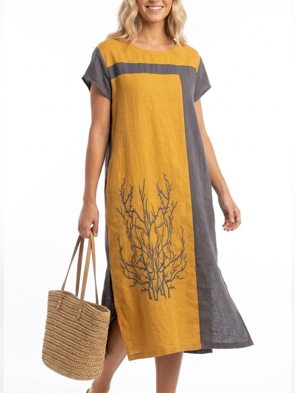 Jerrica'r Soft Linen Colorblock Dress Yellow Gray Tree Embroidery Tunic L/XL